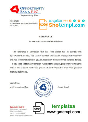 editable template, South Sudan Opportunity Bank bank reference letter template in Word and PDF format