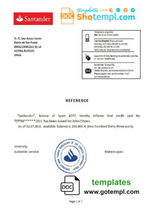editable template, Spain Santander bank reference letter template in Word and PDF format