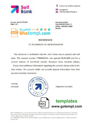 editable template, Spain Self Bank bank reference letter template in Word and PDF format