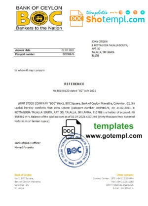editable template, Sri Lanka BOC bank reference letter template in Word and PDF format