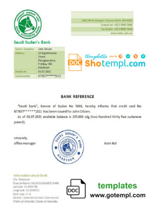 editable template, Sudan Saudi Sudan’s Bank bank account balance reference letter template in Word and PDF format
