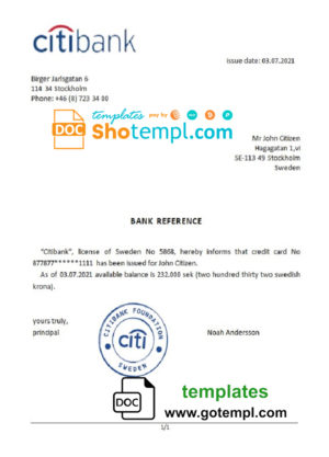 editable template, Sweden Citibank bank reference letter template in Word and PDF format
