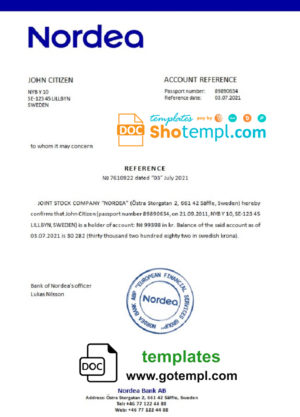 editable template, Sweden Nordea bank reference letter template in Word and PDF format