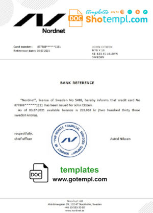 editable template, Sweden Nordnet bank reference letter template in Word and PDF format