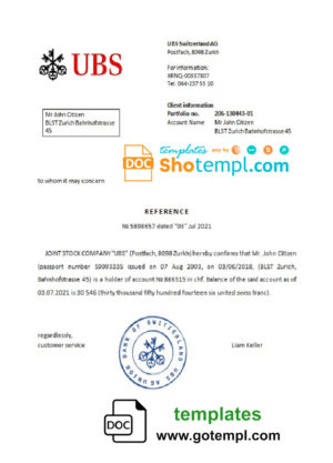 editable template, Switzerland UBS bank reference letter template in Word and PDF format