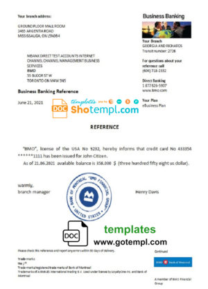 editable template, USA BMO bank account reference letter template in Word and PDF format