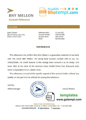 editable template, USA BNY Mellon bank account reference letter template in Word and PDF format