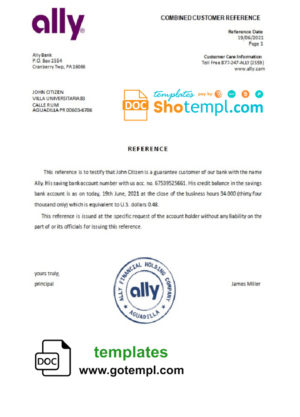 editable template, USA Ally bank account reference letter template in Word and PDF format
