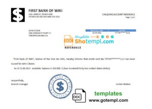 editable template, USA First Bank of Wiki bank account reference letter template in Word and PDF format