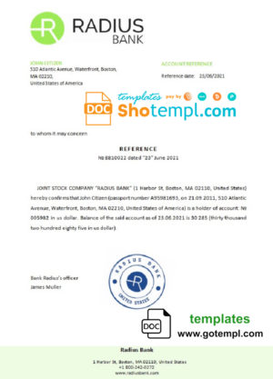 editable template, USA Radius bank account reference letter template in Word and PDF format