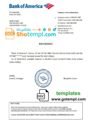 editable template, USA Bank of America bank account reference letter template in Word and PDF format