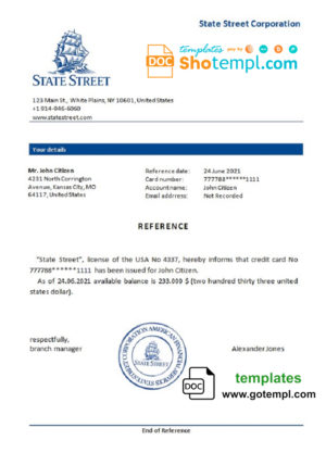editable template, USA State Street bank account reference letter template in Word and PDF format