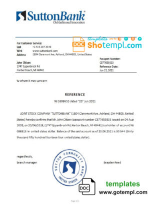 editable template, USA Sutton Bank bank account reference letter template in Word and PDF format