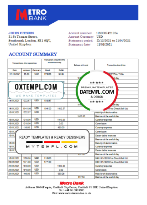 editable template, United Kingdom Metro bank statement template in Excel and PDF format