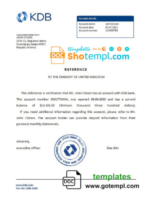 editable template, Korea KDB bank account reference letter template in Word and PDF format