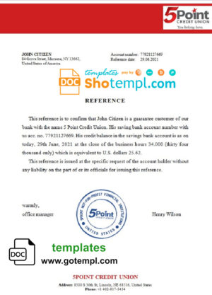 editable template, USA 5Point bank account reference letter template in Word and PDF format