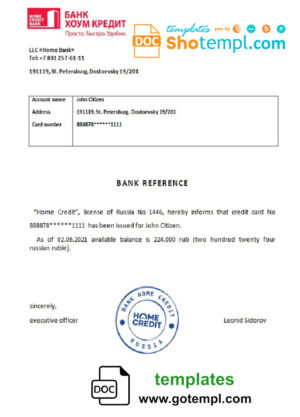 editable template, Russia Bank Home Credit bank reference letter template in Word and PDF format