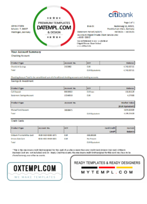 editable template, Germany Citibank bank account statement template in Excel and PDF format