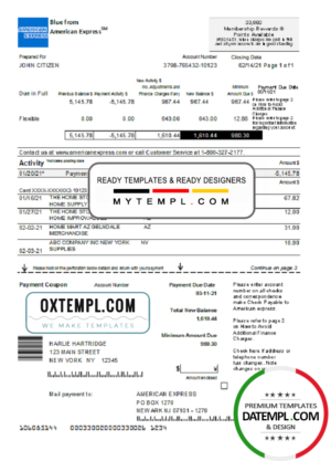 editable template, USA New York American Express Blue bank statement in Excel and PDF format