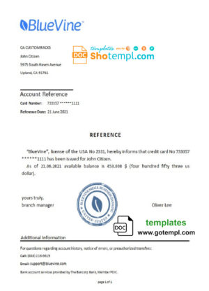 editable template, USA BlueVine bank account reference letter template in Word and PDF format
