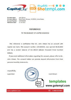 editable template, USA Capital One bank account reference letter template in Word and PDF format