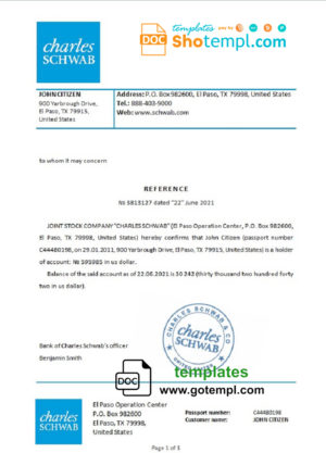 editable template, USA Charles Schwab bank reference letter template in Word and PDF format