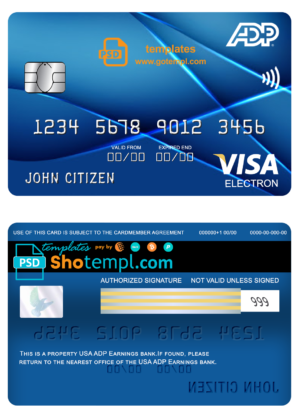 editable template, USA ADP Earnings bank visa electron card fully editable template in PSD form