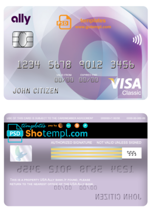 editable template, USA Ally bank visa classic card fully editable template in PSD format