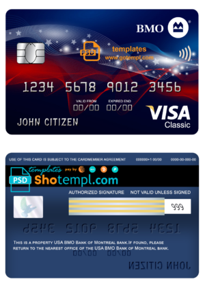 editable template, USA BMO Bank of Montreal bank visa classic card fully editable template in PSD format