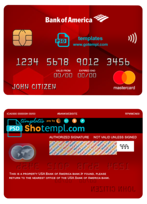 editable template, USA Bank of America bank mastercard fully editable template in PSD format