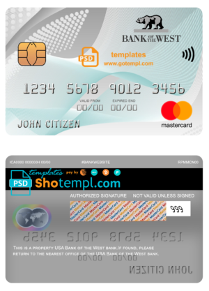 editable template, USA Bank of the West bank mastercard fully editable template in PSD format