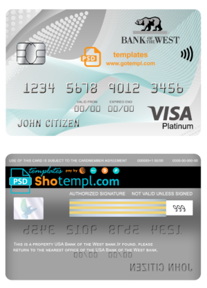 editable template, USA Bank of the West bank visa platinum card fully editable template in PSD format