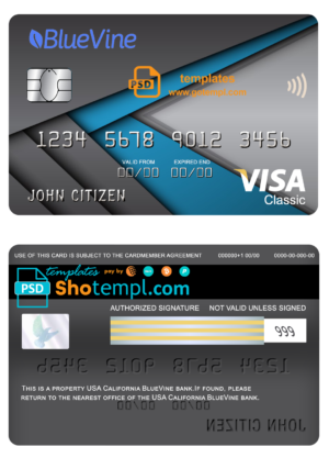 editable template, USA California BlueVine bank visa classic card fully editable template in PSD format