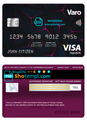 editable template, USA California Varo bank visa signature card fully editable template in PSD format