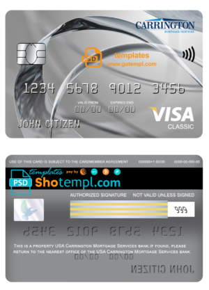 editable template, USA Carrington Mortgage Services bank visa classic card fully editable template in PSD format