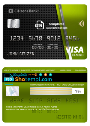 editable template, USA Citizens bank visa classic card fully editable template in PSD format