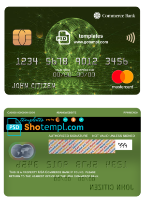 editable template, USA Commerce bank mastercard fully editable template in PSD format