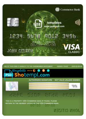 editable template, USA Commerce bank visa classic card fully editable template in PSD format