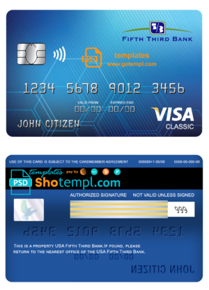 editable template, USA Fifth Third bank visa classic card fully editable template in PSD format