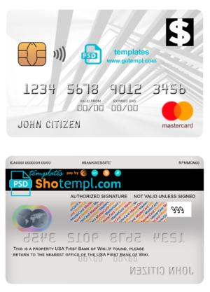 editable template, USA First Bank of Wiki mastercard fully editable template in PSD format
