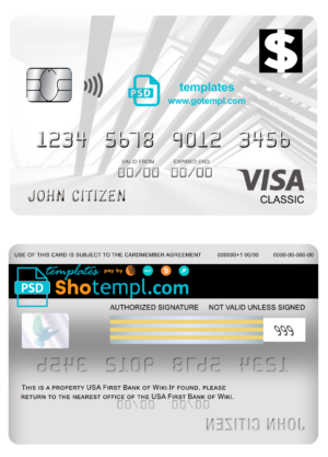 editable template, USA First Bank of Wiki visa classic card fully editable template in PSD format