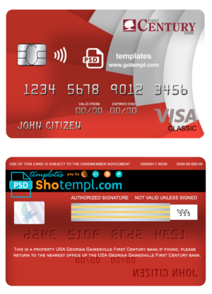 editable template, USA Georgia Gainesville First century bank visa classic card fully editable template in PSD format
