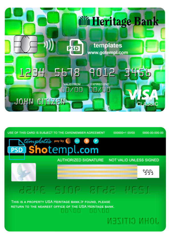 editable template, USA Heritage bank visa classic card fully editable template in PSD format