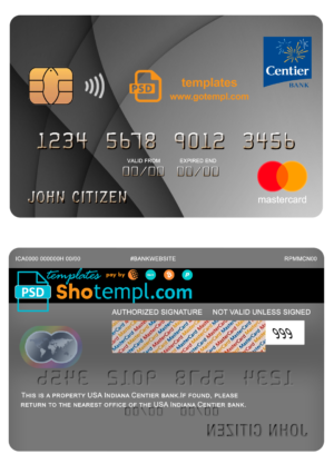 editable template, USA Indiana Centier bank mastercard fully editable template in PSD format
