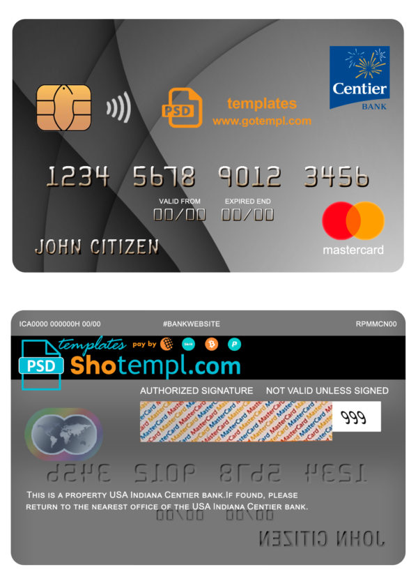 editable template, USA Indiana Centier bank mastercard fully editable template in PSD format