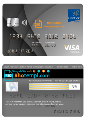 editable template, USA Indiana Centier bank visa platinum card fully editable template in PSD format