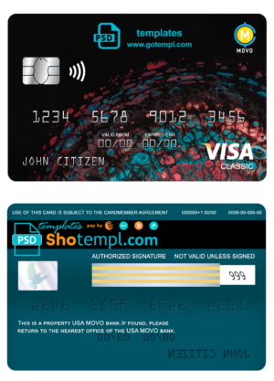 editable template, USA MOVO bank visa classic card fully editable template in PSD format