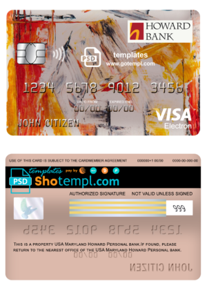 editable template, USA Maryland Howard Personal bank visa electron card fully editable template in PSD format