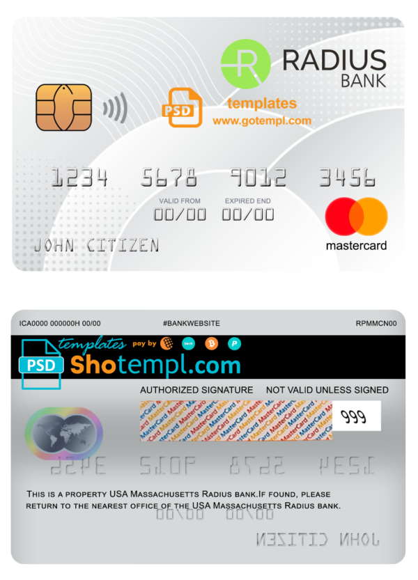 editable template, USA Massachusetts Radius bank mastercard fully editable template in PSD format