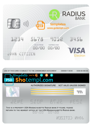 editable template, USA Massachusetts Radius bank visa electron card fully editable template in PSD format